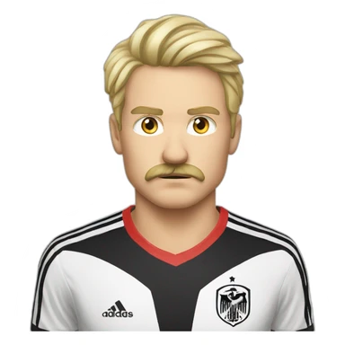 face man serious expresion blonde hair long hair blonde moustache wearing a germany soccer shirt sticker