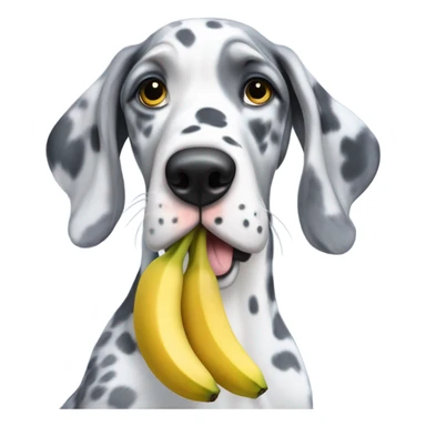 Blue Merle Great Dane holding a banana sticker