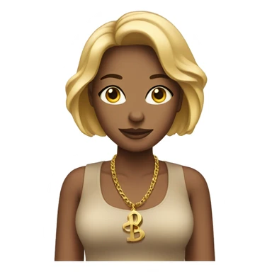 Tan woman with bob, professional, with a trans symbol necklace that has dollar sign in middle sticker