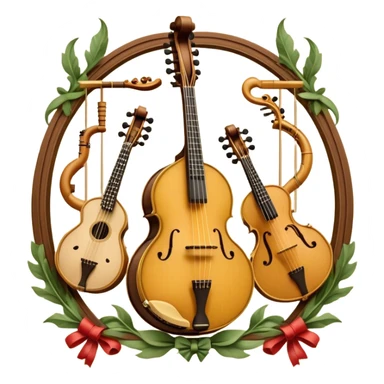 Design a sophisticated, festive, and professional emblem-like emoji representing both plucked and string instruments. The composition should resemble a heraldic crest, featuring a harmonious blend of instruments like a banjo, mandolin, domra, sitar, and others. The necks of these instruments should intertwine gracefully with a flowing ribbon of musical notes, wrapping around the strings and headstocks. The instruments should be artistically detailed, with decorative fretboards, intricate inlays, and ornate carved elements. The overall design should evoke a sense of elegance and craftsmanship, with a color palette of gold, deep wood tones, and rich accents. Include subtle highlights to create depth and dimension, with ornamental flourishes like laurel branches or swirling patterns around the central instruments. The background should be transparent to allow the emblem to stand alone. sticker