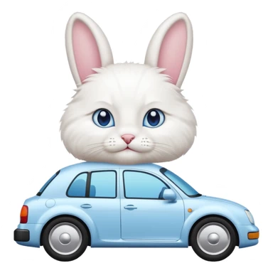 Please create a small emoji the size of 🚗 featuring a pure white cat with bunny tail with blue eyes on a white saloon car viewed from side. Again it is necessary that the emoji must be extremely small, much smaller than a standard sized sticker. sticker