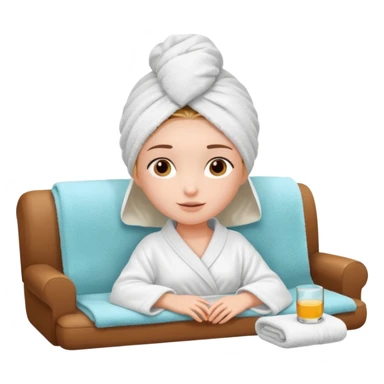 spa A contented and relaxed girl with a towel on her head in a white robe lies on a couch. The icon displays the couch and the girl in full three-quarter view. sticker