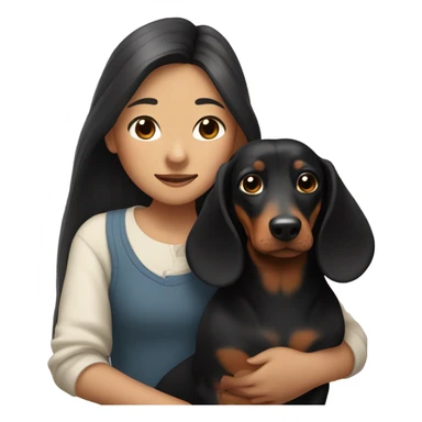 an Asian girl with long hair, hugging a black and tan long haired dachshund with a branch in its mouth sticker
