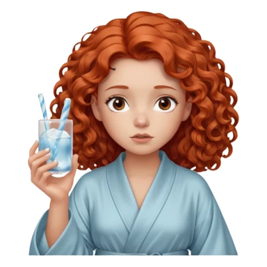 Cartoon emoji of a girl with voluminous curly red hair, fair skin, warm brown eyes. Wearing a chic milky silk robe with long sleeves, no makeup. Portrait mode, holding a ice cube, looking doubtful and unsure. Smooth, simple, stylized." sticker