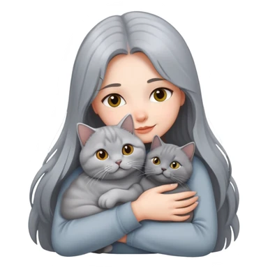 A long-haired girl hugs a silver-gray British shorthair cat sticker