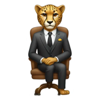 A cheetah wearing a suit looking straight while sitting in a chair sticker
