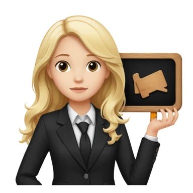 Blonde long wavy hair girl with black office blazer holding a wooden board with a sign 10/10 sticker