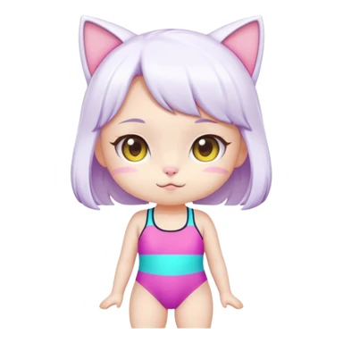 Cute short cat girl character with big head in a colorful swimsuit, kawaii style sticker