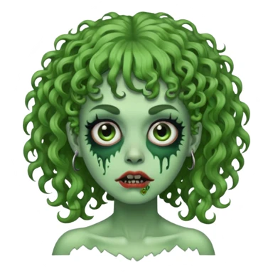 green zombie woman with curly hair, bangs, and a septum piercing. like iPhone emoji sticker
