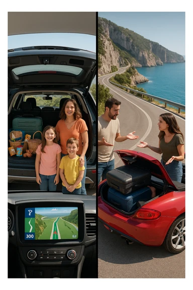 "Spacious family SUV loaded with luggage, snacks, entertainment for kids, GPS showing clear 300km route planned with rest stops, happy family ready for road trip; contrasted with impractical two-seater convertible with no storage space, couple arguing about what to leave behind, suitcases barely fitting, comfort vs style dilemma, Italian coastal highway background" sticker