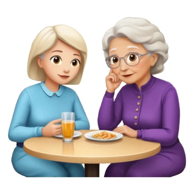 conversación dentro de un restaurant  dos personas y una de las persoans sea una abuela y el otro un adulto de 27 años mujer abuela y hombre joven sticker