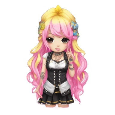 Blue eyed long eye lashes pout blonde and pink hair pale hime gyaru girl, hot pink and yellow split-dyed hair, nose ring, elf ears, dark makeup, punk clothes standing next to three diffrent men praying on their knees sticker