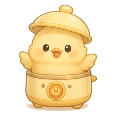 chibi soft fluffy chick designed as an egg cooker appliance-animal hybrid, popping out of the lid, smiling brightly, soft yellow tones, full-body, transparent background, 电器拟动物风格 sticker