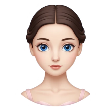 Realistic Ballerina Portrait, with porcelain-like skin featuring a natural rosy flush, illuminated by soft lighting that highlights the gentle contours of her face. Her Brunette hair flows in soft.Her deep blue eyes radiate framed by arched brows and long lashes. sticker