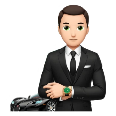mysterious scenery: green audemars piguet watch (without text), black bugatti, and a dark green dragon, and a mysterious agent from The Matrix with his eyes censored sticker