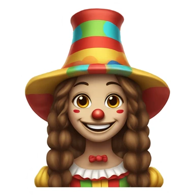 smiling clown girl with clown face paint wearing jester hat with straight long brown hair with a big smile  sticker