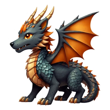 Majestic wolf-like dragon with red sandstone scales and layered plates resembling canyon rock formations. Crystallized mineral mane with copper and gold hues runs down its neck and back. Obsidian claws, amber eyes, and a tail of stone spires. Pokémon style. orange-ish brown fur/scales. sticker