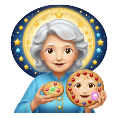 Portrait of a divine grandma with a glowing halo and radiant cookie aura, celestial kitchen with floating ingredients, surreal heavenly light, emoji-style sticker
