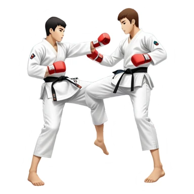 Two taekwondo fighters in traditional white doboks with black belts compete in a dynamic match. One executes a high spinning kick, while the other blocks skillfully. The background features a professional arena with bright lights and spectators. Transparent background. sticker