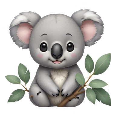 Cinematic Cute Koala Portrait Emoji, Head tilted playfully and inquisitively, featuring a fluffy grey fur with perky, rounded ears and a charming black nose, round, sparkling eyes filled with gentle curiosity, Simplified yet irresistibly adorable features, highly detailed, glowing with a warm, friendly glow, high shine, affectionate and cuddly, stylized with a touch of eucalyptus whimsy, bright and endearing, soft glowing outline, capturing the essence of a mischievous yet loving koala, so playful it feels like it could snuggle out of the screen into your arms! sticker