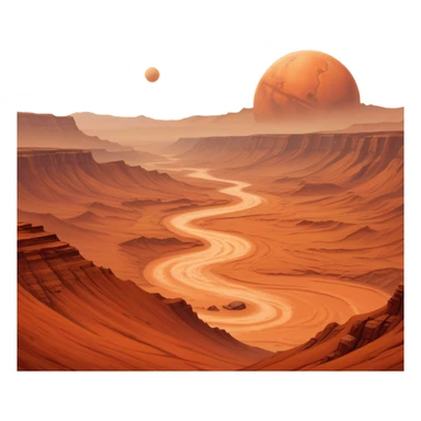 Cinematic Realistic Mars, portrayed with rugged, rust-colored landscapes, deep canyons, and swirling dust storms rendered with lifelike texture and an orange-hued glow that evokes the enigmatic allure of the Red Planet. sticker