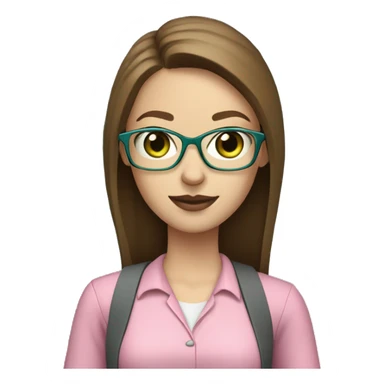 Female coding teacher featuring a laptop. She has long brunette hair, green eyes, pale skin, teal eye glasses, rose lips, and a pink feminine shirt sticker