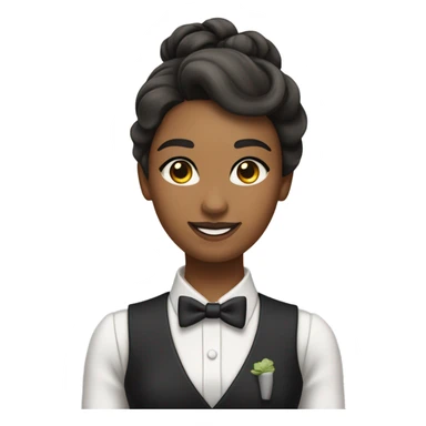 a female butler with a professional and elegant demeanor. She has her hair neatly tied in a ponytail and wears a classic butler uniform, including a tailored vest, crisp white shirt, and bow tie. sticker