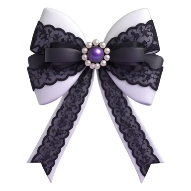 3D emoji gothic bow, white satin, silver cross charm, black lace trim, dark pearl details sticker