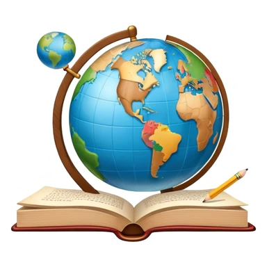 An icon featuring a globe with speech bubbles in different languages, symbolizing the study of foreign languages. The design includes a book and a pencil, representing learning and communication across cultures. Transparent background highlights the global nature of language education. sticker