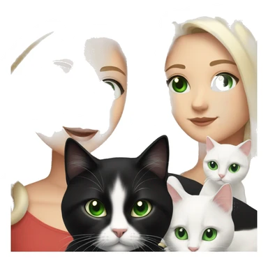 White Girl Black shoulder length hair Green Eyes with 2 cats, one white Cat and black Details on the Head and the other cat is a norwegian cat sticker