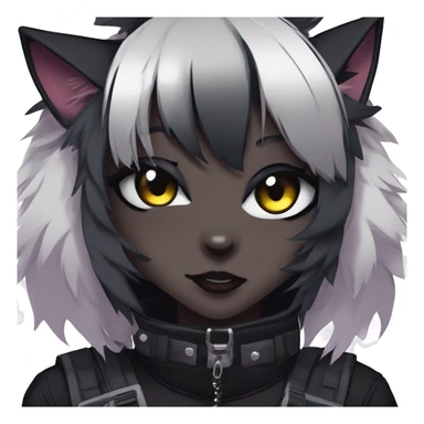 Gorgeous furry dark cyberpunk techwear anime style anthro black cat fursona with blushing face aesthetic and pretty edgy black with collar and harness trending style sticker