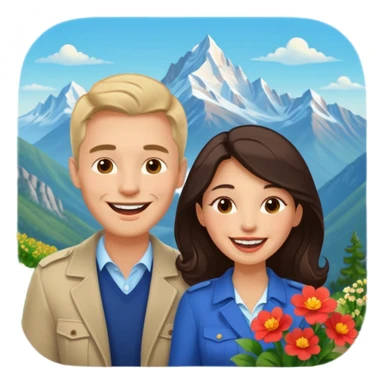 Couple  laughing traveling russian man and elegant  Latina girl delicate flowers and mountains in the background  sticker