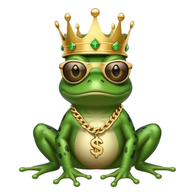 gangster frog wearing a gold crown, cool sunglasses, gold chain, dollar sign chain sticker