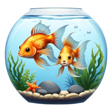 Large aquarium fish like veil tails and lionhead goldfish swimming gracefully in a beautifully decorated aquarium. Colorful aquatic plants, smooth rocks, and gentle bubbles surround the fish. The water shimmers in sunlight, creating a peaceful and vibrant underwater scene. Transparent background. sticker