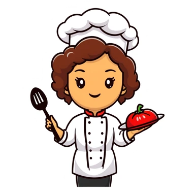 Mixed-race female chef with medium-length curly brown hair, wearing a chef's hat (toque), with both an angel halo and devil horns on her head sticker