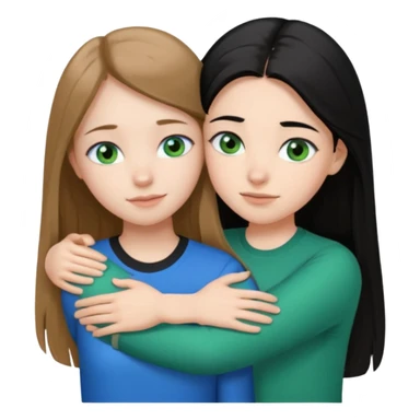 una ragazza dall‘ età di 19 anni con capelli castani chiaro lunghi e lisci ,  occhi blu  ,  e una ragazza di 17 anni capelli neri occhi verdi che si abbracciano e con una maglia bianca o nera  sticker