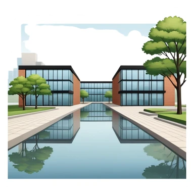 The image shows two identical modern buildings with flat roofs and brick walls, side by side. They have large glass windows, a wide walkway with trees in front, and a small water body nearby. The scene looks like a planned urban area or a design model. sticker