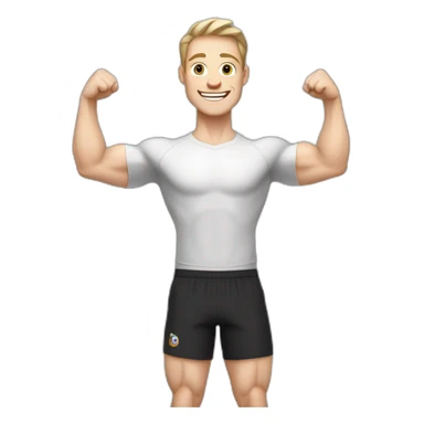 Joyful Celebrating victory Pale skinned Fit Man With the biceps and dark brown hair in black shirt, gray sports shorts and white Sneakers sticker