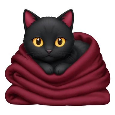 Black cat cuddling with marroon blanket sticker