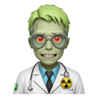 radioactive zombie scientist portrait, head and shoulders only, glowing toxic veins, cracked goggles, lab coat with radiation badge, sinister smile, 3D cartoon, mobile game icon style, clean background, no text, no watermark
 sticker