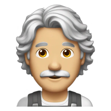 Mature man, gray shaggy hair, brown eyes, mustache, apron sticker