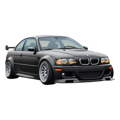 
A BMW M3 E46 is drifting through a corner, with a slight wisp of smoke coming from the rear and the wheels positioned at an angle relative to the turn.Road can see clearly  sticker