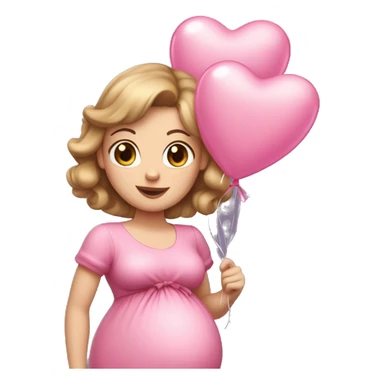 White pregnant lady, with Light Brown hair and blue eyes. She is wearing a tight pink dress and a bow,  standing and holding two pink heart balloons. sticker