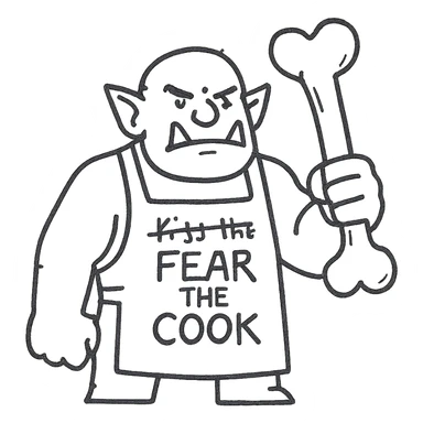 An orc wearing an apron with the text "Kiss the Cook" scratched out and replaced with "Fear the Cook", featuring a giant rib bone as a weapon sticker