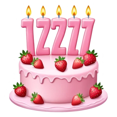 Pink cake with the number 27 as candles on it and strawberries  sticker