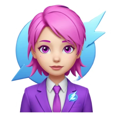 Cute 3D emoji-style girl sexy character with pink hair and purple eyes. No hands, no pose. Clean purple suit with a glowing neon-blue ‘C’ logo on the chest, small lightning accent. Smooth Apple-style lighting, friendly expression sticker