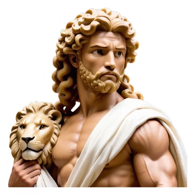 Cinematic Realistic Hercules Portrait, depicted as a classical Greek hero merging the fierce masculinity of the lion-wrestling Hercules with the refined face of Michelangelo's David. His light tan, chiseled skin glows with timeless strength, and his thick, curly, golden brown hair cascades in natural, sculpted curls reminiscent of a warrior’s mane. Draped in a flowing white robe with delicate golden accents and crowned with a traditional Greek laurel wreath, his intense, determined eyes exude noble might, all rendered under dynamic natural lighting with a mythic, radiant glow. sticker