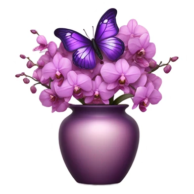 Aesthetic butterfly with purple and pink wings sitting on a dark purple bouquet of Orchids in a pastel pink vase sticker