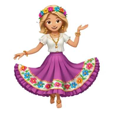 smiling barefoot woman dancing in a colorful wide skirt, flower headpiece, white blouse, and golden rosary sticker