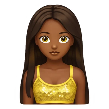 Sasha from Bratz with long dark brown hair, dark skin, hazel eyes, yellow sequin crop top sticker